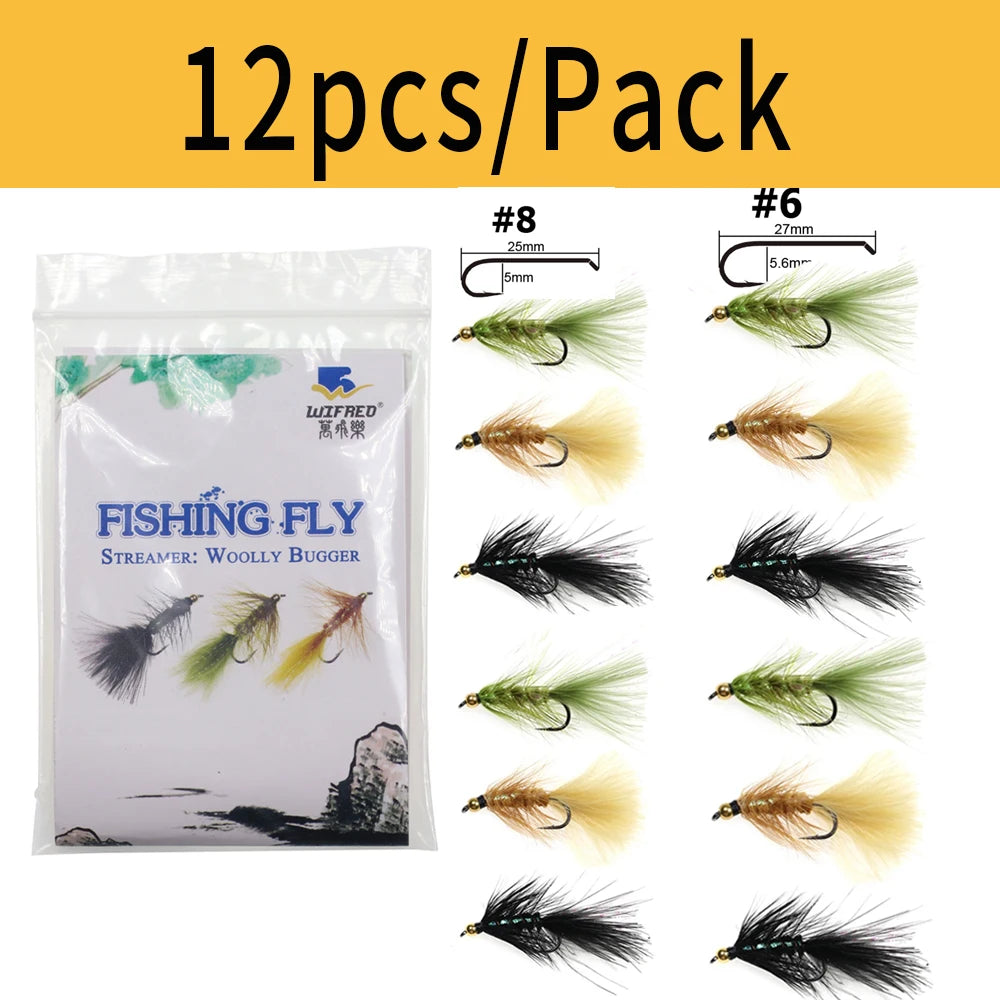 Wifreo 12pcs Brass Bead Head Woolly Bugger Streamers Fly Fishing Flies For Steelhead Pike Bass Rainbow Trout Fishing Lures Bait