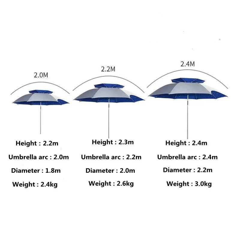 2.2m 360° Oxford Double Layer Silver Glue Fishing Umbrella Sunscreen Rainproof Windproof Three Gear Adjustable Beach