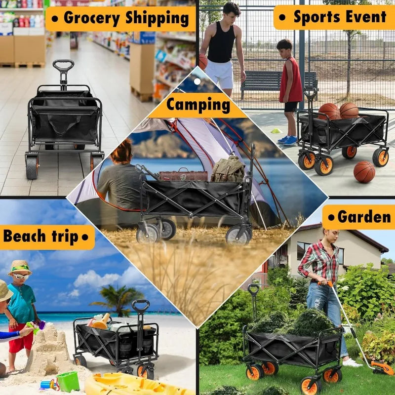 Foldable Beach Wagon with Big Wheels, Utility Grocery Wagon with Side Pockets and Brakes, Folding Wagon