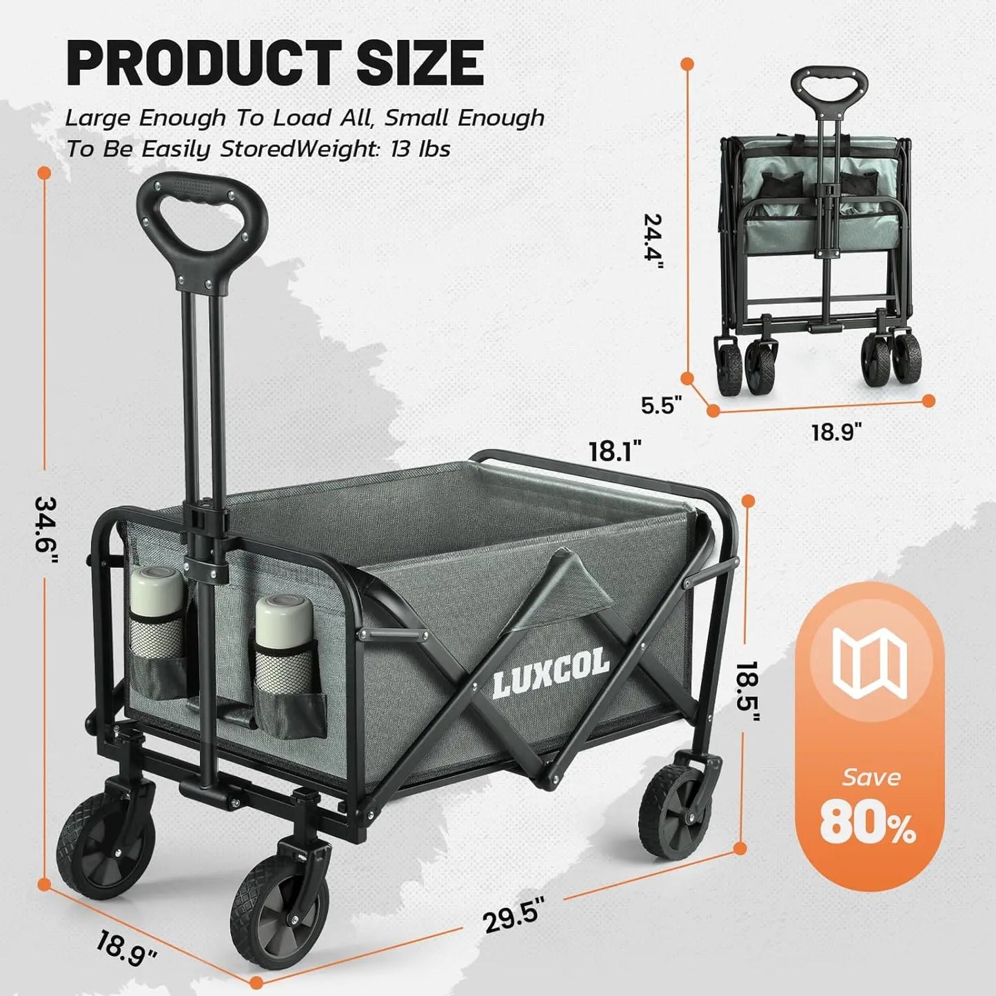 LUXCOL Collapsible Folding Outdoor Utility Wagon Beach Wagon Cart with All Terrain Wheels & Drink Holders Portable Sports Wagon