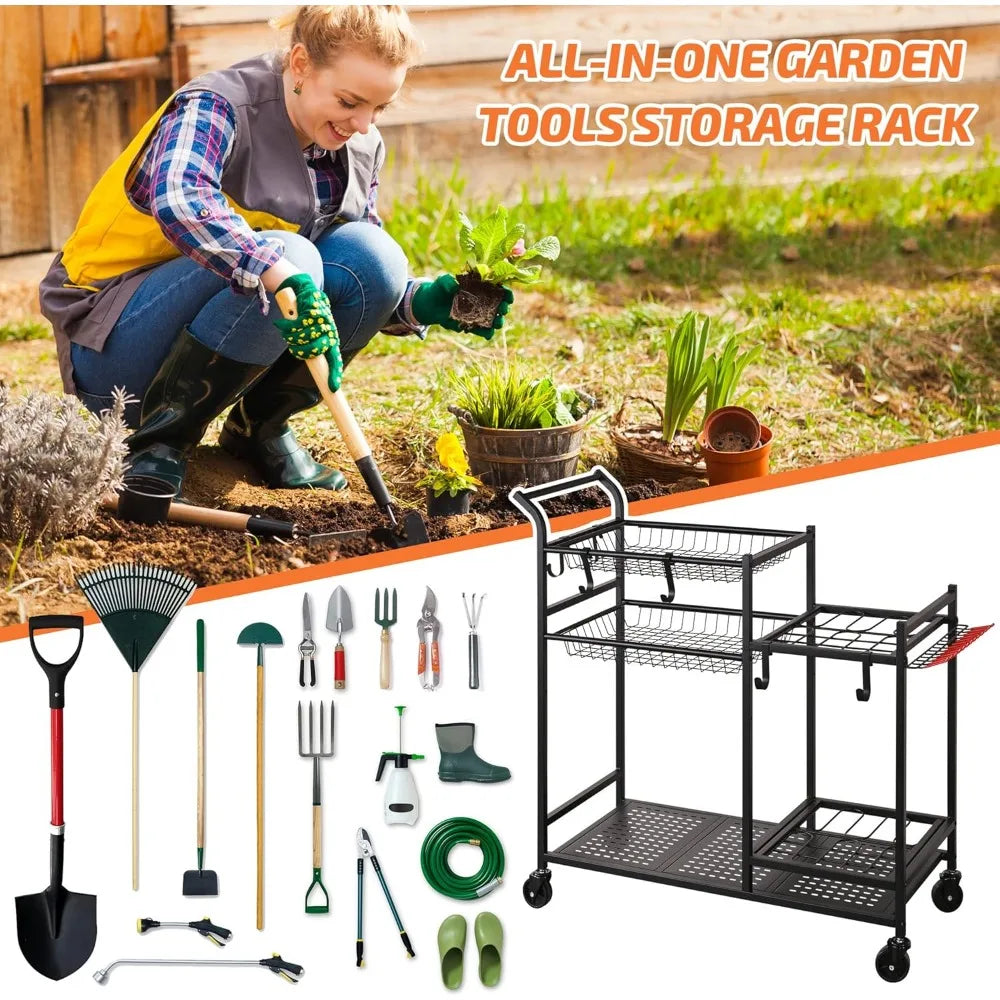 Garden Tool Organizer with Wheels, Garden Tool Rack, Yard Tool Holder for Rakes, Shovel, Fertilizer, Garden Storage