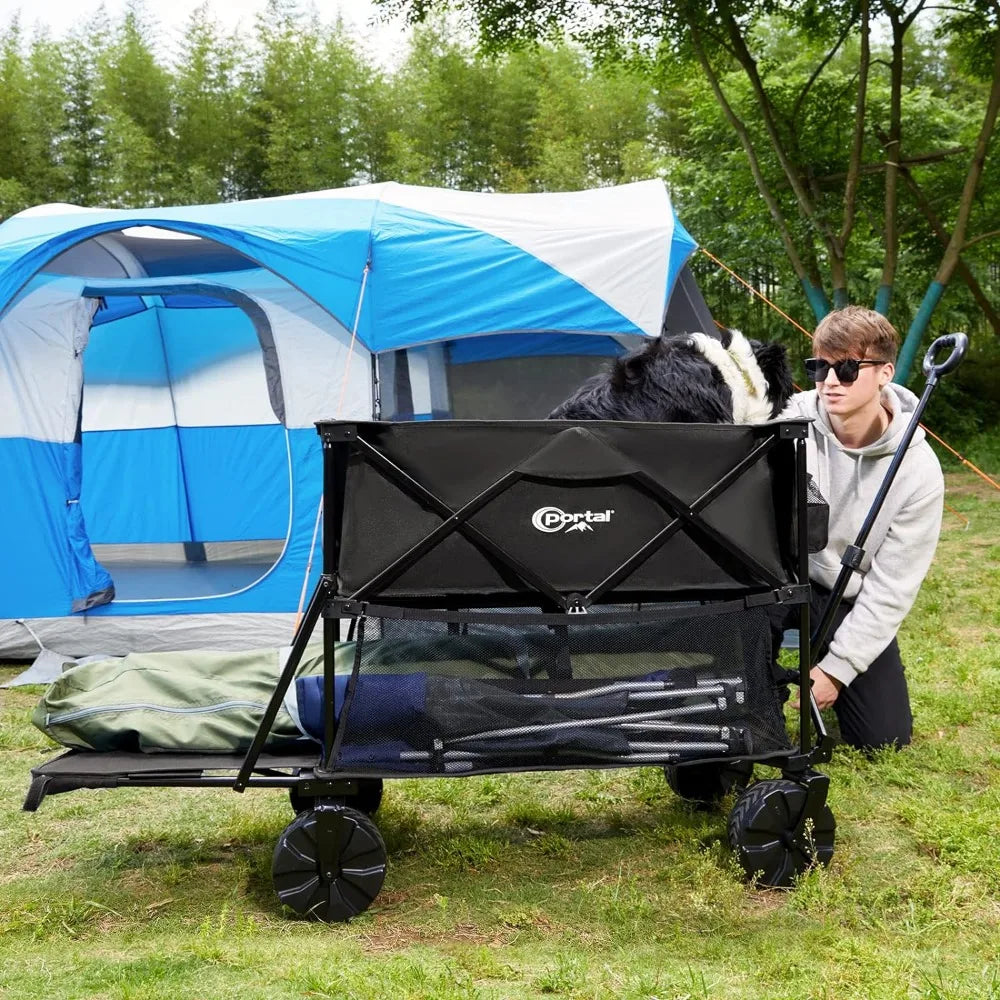 PORTAL Collapsible Double Decker Wagon, Folding Wagon Cart with Tailgate, Beach Wagon with Big Wheels, 450LB Heavy Duty Foldable