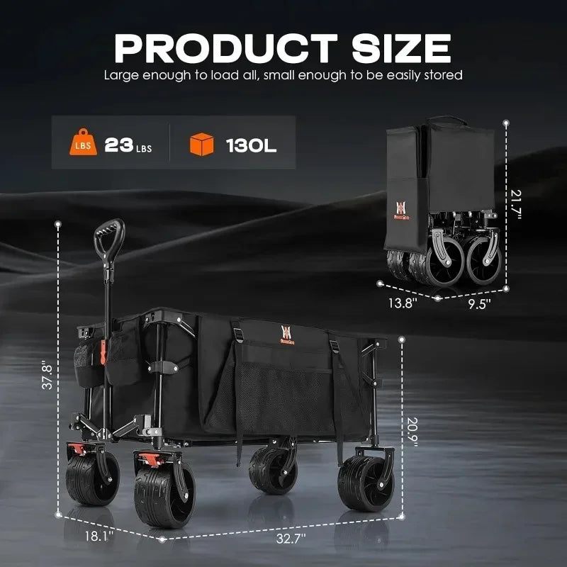 Collapsible Folding Wagon, Beach Wagon Cart Heavy Duty Foldable with Big Wheels, Utility Grocery Wagon with Side Pocket