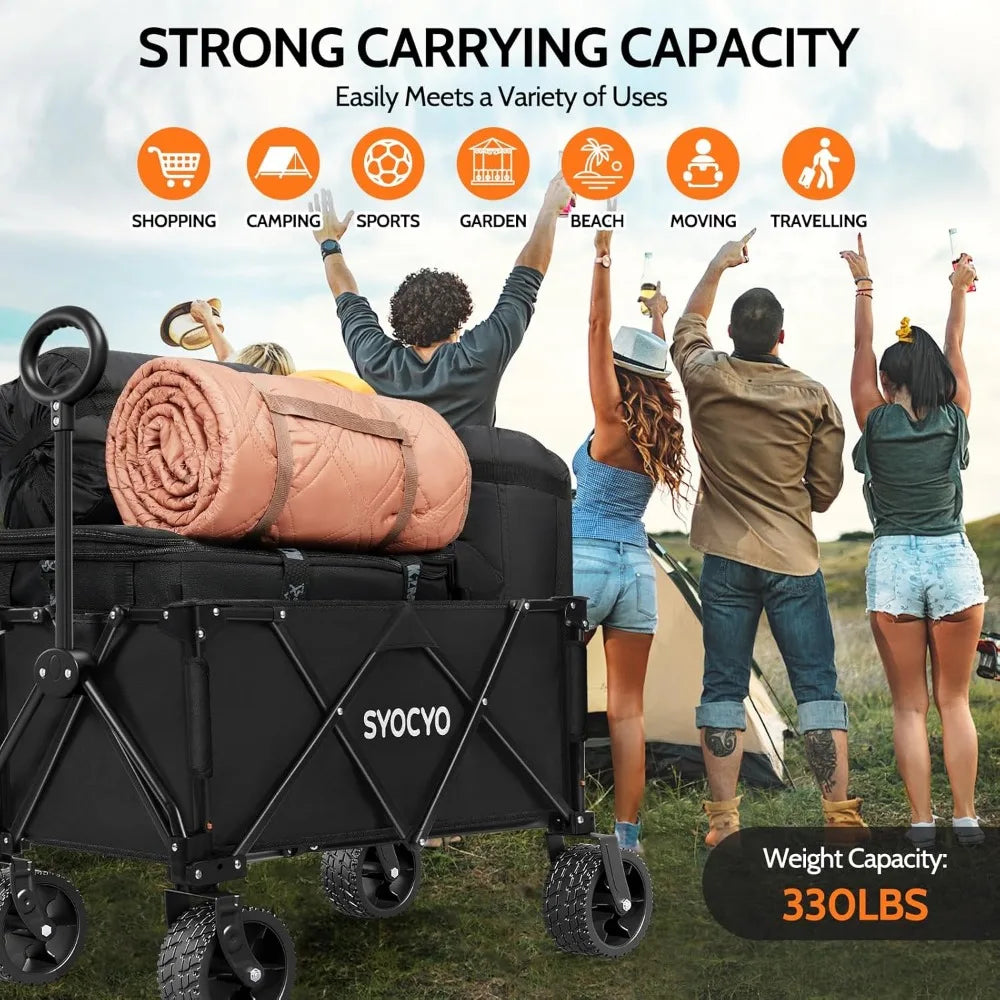 Collapsible Foldable Wagon Cart with 330lbs Weight Capacity All-Terrain Wheels for Garden Camping Sports Shopping Black