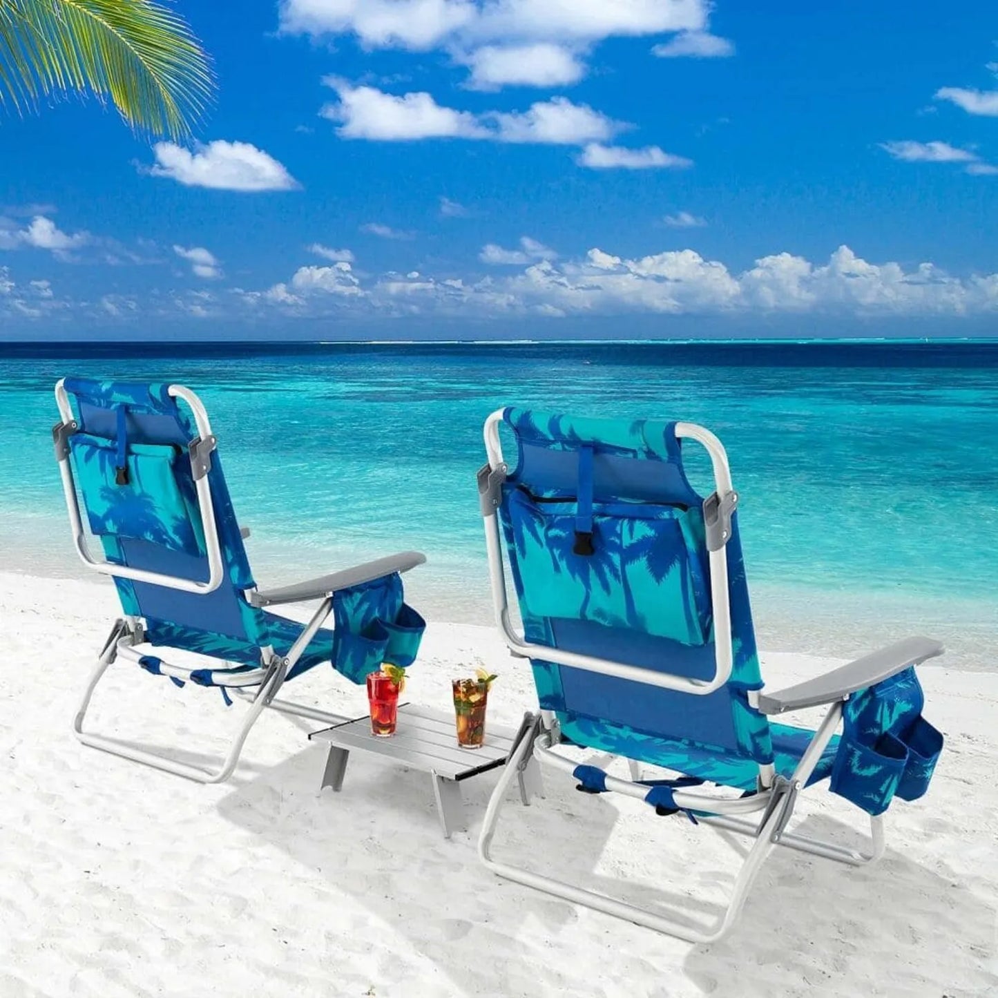 US Coconut tree Metal Folding Backpack Beach Chair Table Set 5-Position Outdoor Reclining Chair Printed, 2-Pack