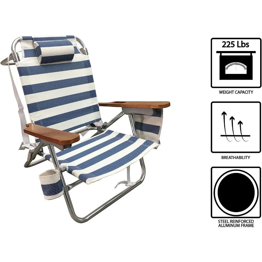 Outdoor Chair Textile Fabric Headrest Multi-position Wooden Arm Beach Chair (set of 2) Camping Relaxing Furniture