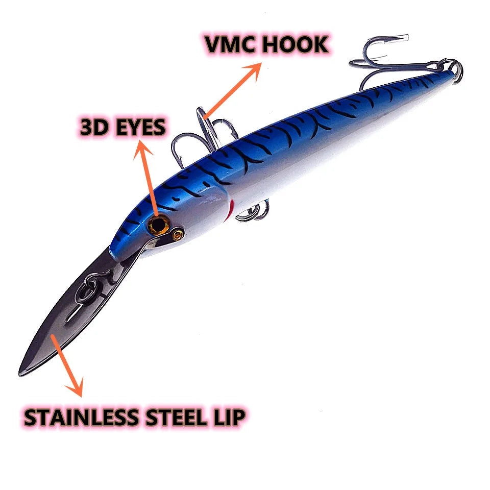 SWOLFY 1Pcs 130mm/32.5g 185mm/60g Trolling Tuna Fishing Lures Big Sinking Sea Lures Minnow Lures Fishing Bait VMC  Hooks