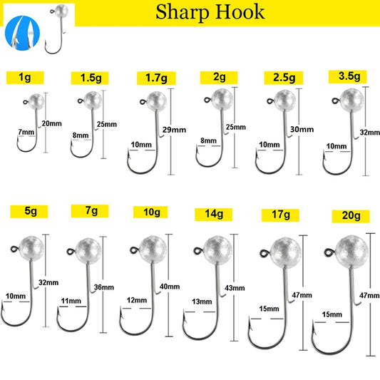 10pcs/lot NED head jigs hook 1g-20g All size Round Ball Jig Head Hook Weedless Long Shank Secondary hooks For Soft Worm Fishing