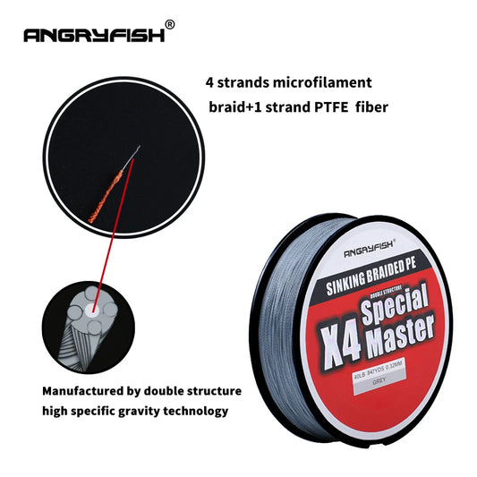 Angryfish X4 500M Master Series 4+1 Fast Sinking Braided Line Double Structre Smooth Strong tension Braided PE 12-80LB