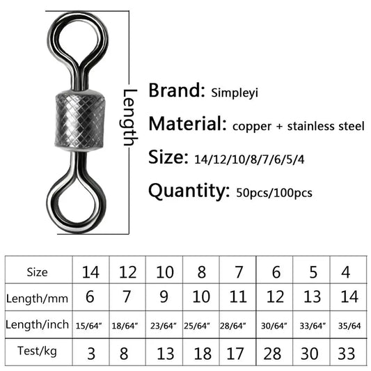 50-100pcs/box Fishing Swivel 4/0#-14# Sizes Solid Connector Ball Bearing Snap Fishing Swivels Rolling Stainless Steel Beads