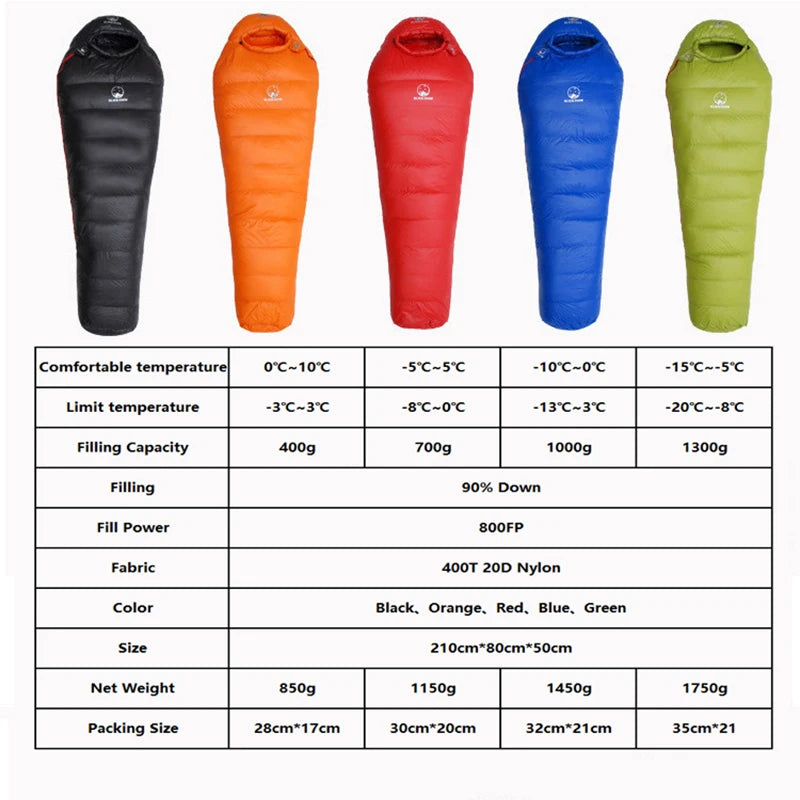 Black Snow Outdoor Camping Sleeping Bag Very Warm Down Filled Adult Mummy Style Sleep Bag 4 Seasons Camping Travel Sleeping Bag