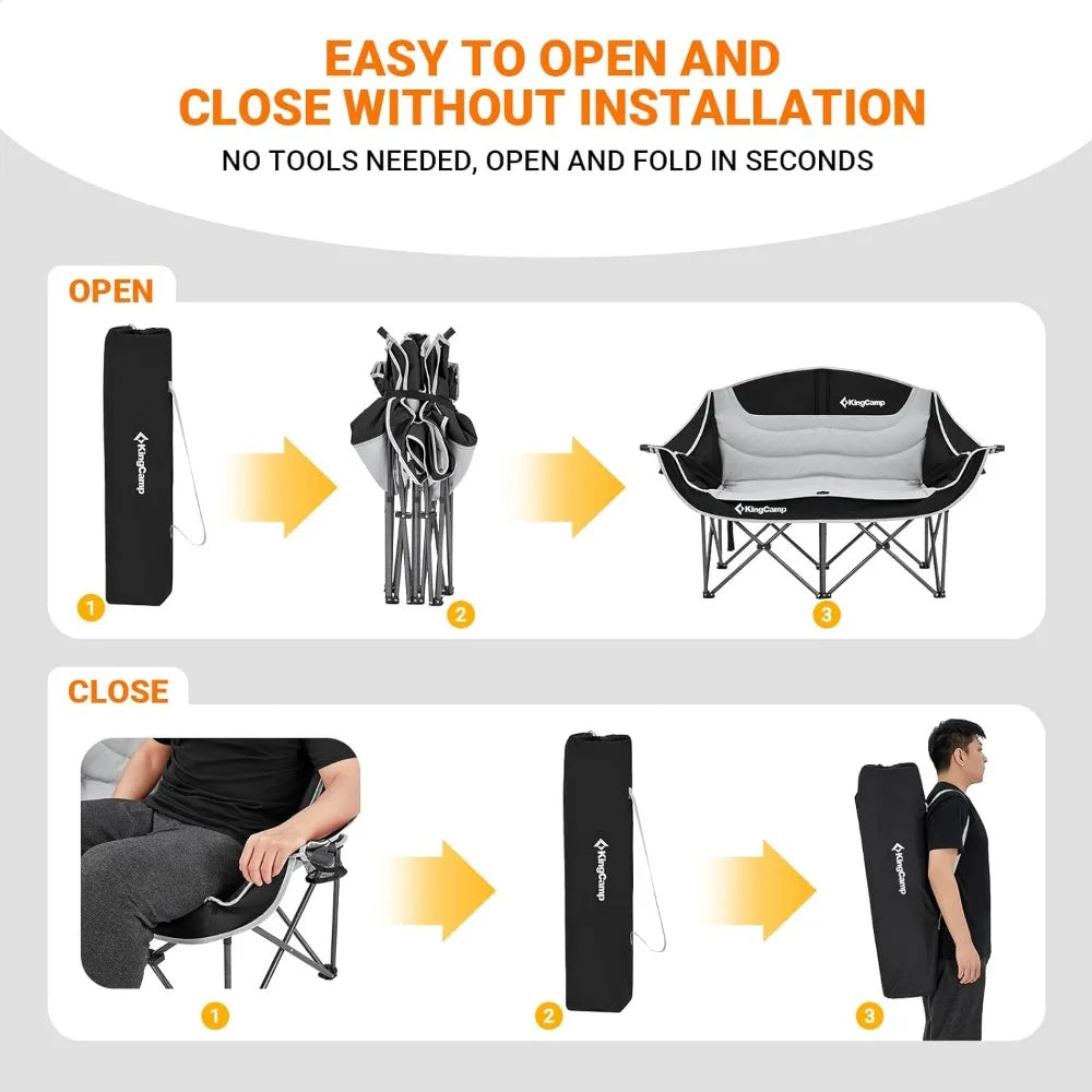 Double Camping Chair Oversized Loveseat Camping Couch Heavy Duty Outdoor Folding Chair with Cup Holder Wine Glass Holde