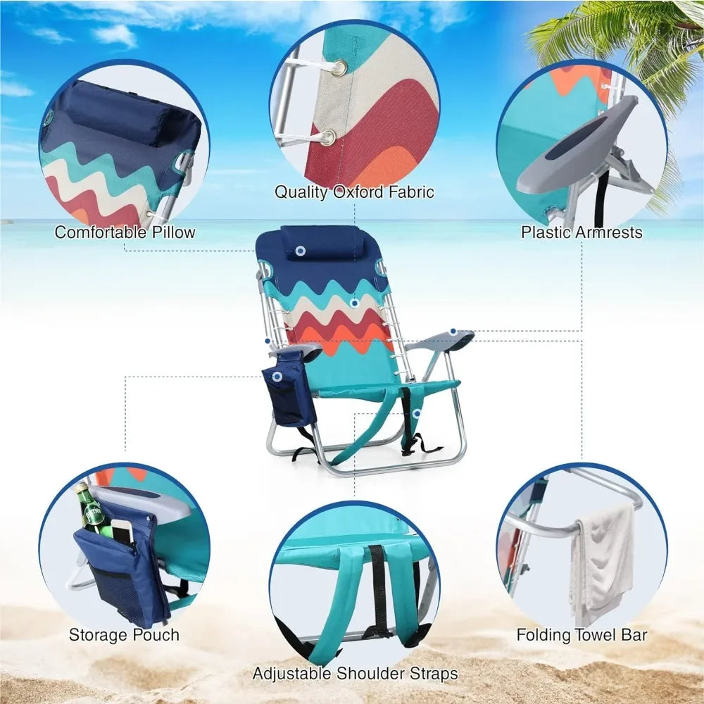 Pillow and Padded Shoulder Straps Beach Chair Storage Pouch and Tower Bar Backpack Beach Chair Set of 2 Portable Folding Chairs