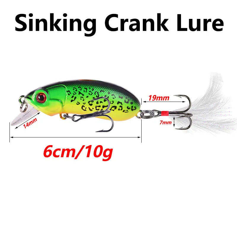 1 Pcs Sinking Crank Fishing Lures 6cm 10g Minnow Wobblers Plastic Hard Artificial Bait With Feather Hooks Carp Bass Crankbaits