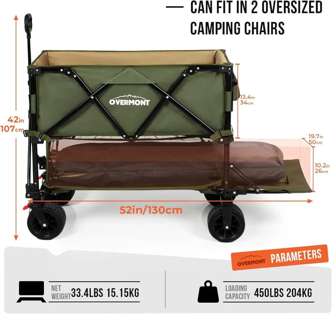 Overmont 400L Foldable Double Decker Wagon - Large Capacity Collapsible Wagon Cart- 52" Extra Long Extender - All-Terrain Big