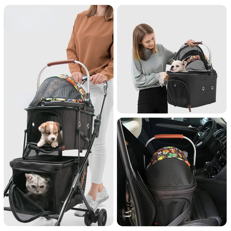 Dog Carriers 4 Wheel Pet Double-layer Stroller Cat Travel Strollers Detachable Portable Collapsible for Small Dogs Pets Products