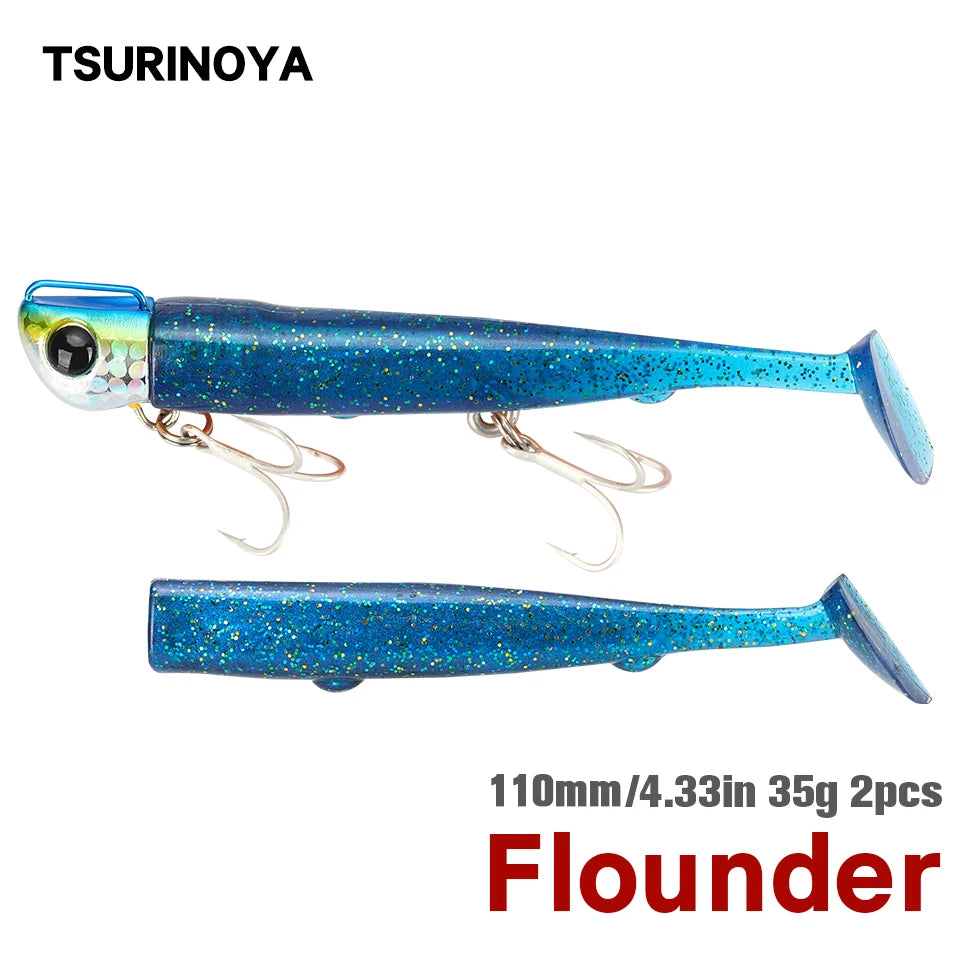 TSURINOYA Long Casting Jig Head T Tail Soft Lure Set 110mm 35g 2pcs Body Sinking Fishing Lure Artificial Bait Seabass Wobbler