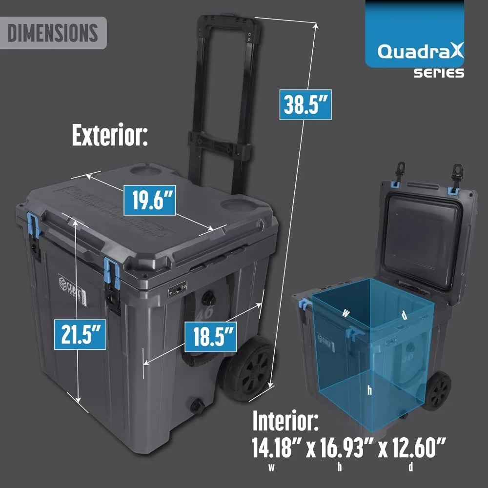 QuadraX 46QT Wheeled Rotomolded Portable Hard Cooler for Camping, Fishing, Beach | Heavy Duty Insulated Ice Chest