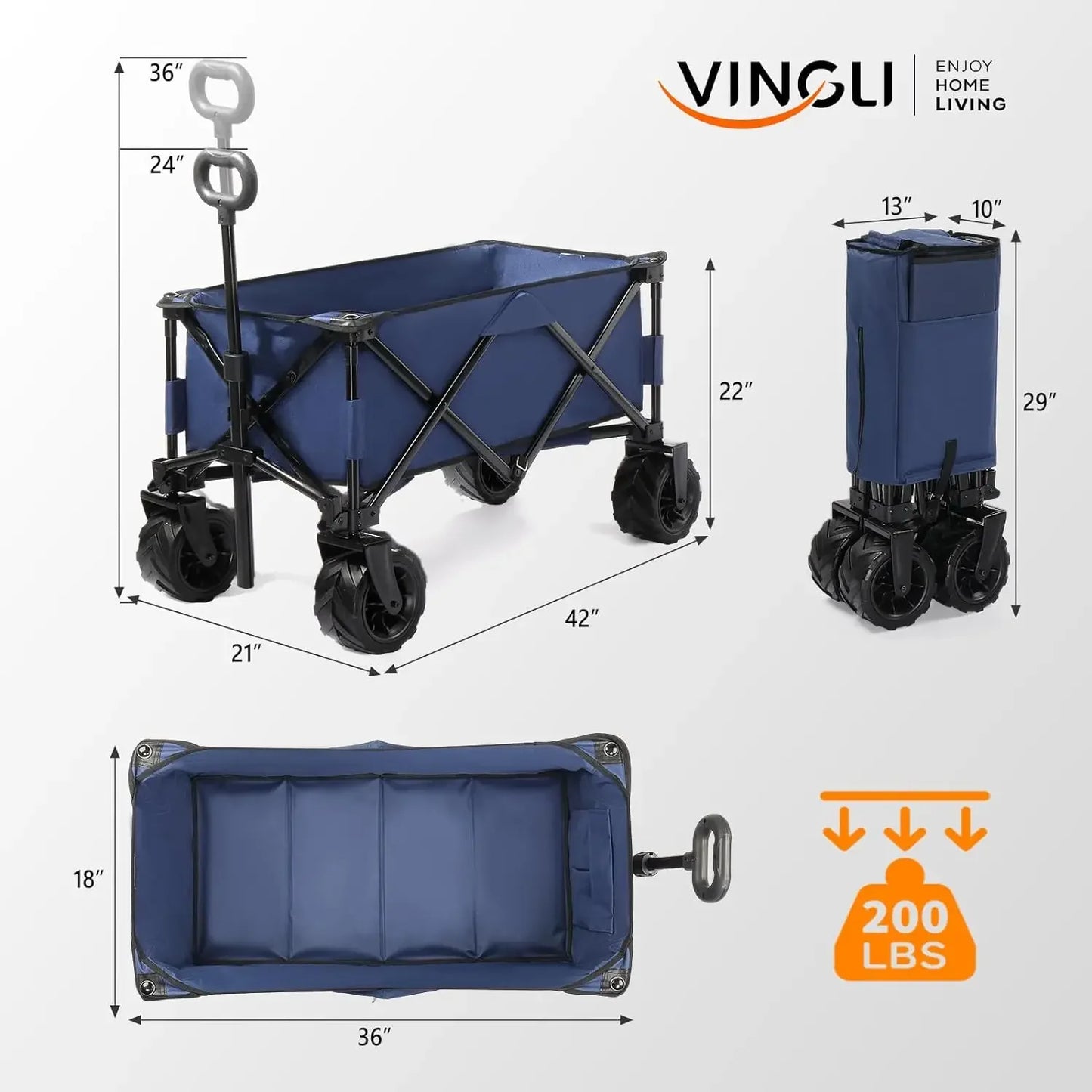 Collapsible Wagons Carts, Heavy Duty Foldable Utility Garden Grocery Shopping Cart w/ All-Terrain Beach Wheels & Drink Holders