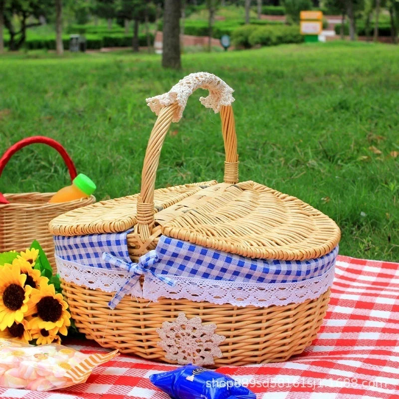 Retro Wicker Outdoor Carry-on Handle Storage Baskets Picnic Basket with Lid
