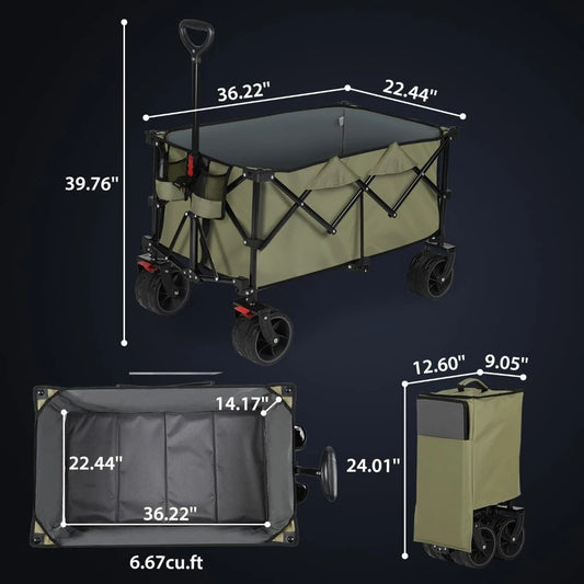 Camping Wagon Heavy Duty Folding Utility Garden Cart With Big All-Terrain Beach Wheels and Drink Holders. Trolley Hand Carts