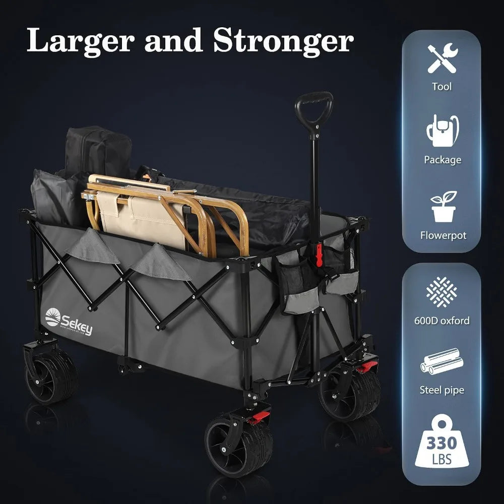 Sekey 220L Collapsible Foldable Wagon with 330lbs Weight Capacity, Heavy Duty Folding Utility Garden Cart with Big All-Terrain