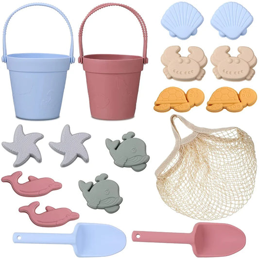 Silicone Beach Toys Set Kids Travel Friendly Beach Silicone Bucket Shovel Sand Molds Beach Bag Silicone Sand Toys for Toddlers