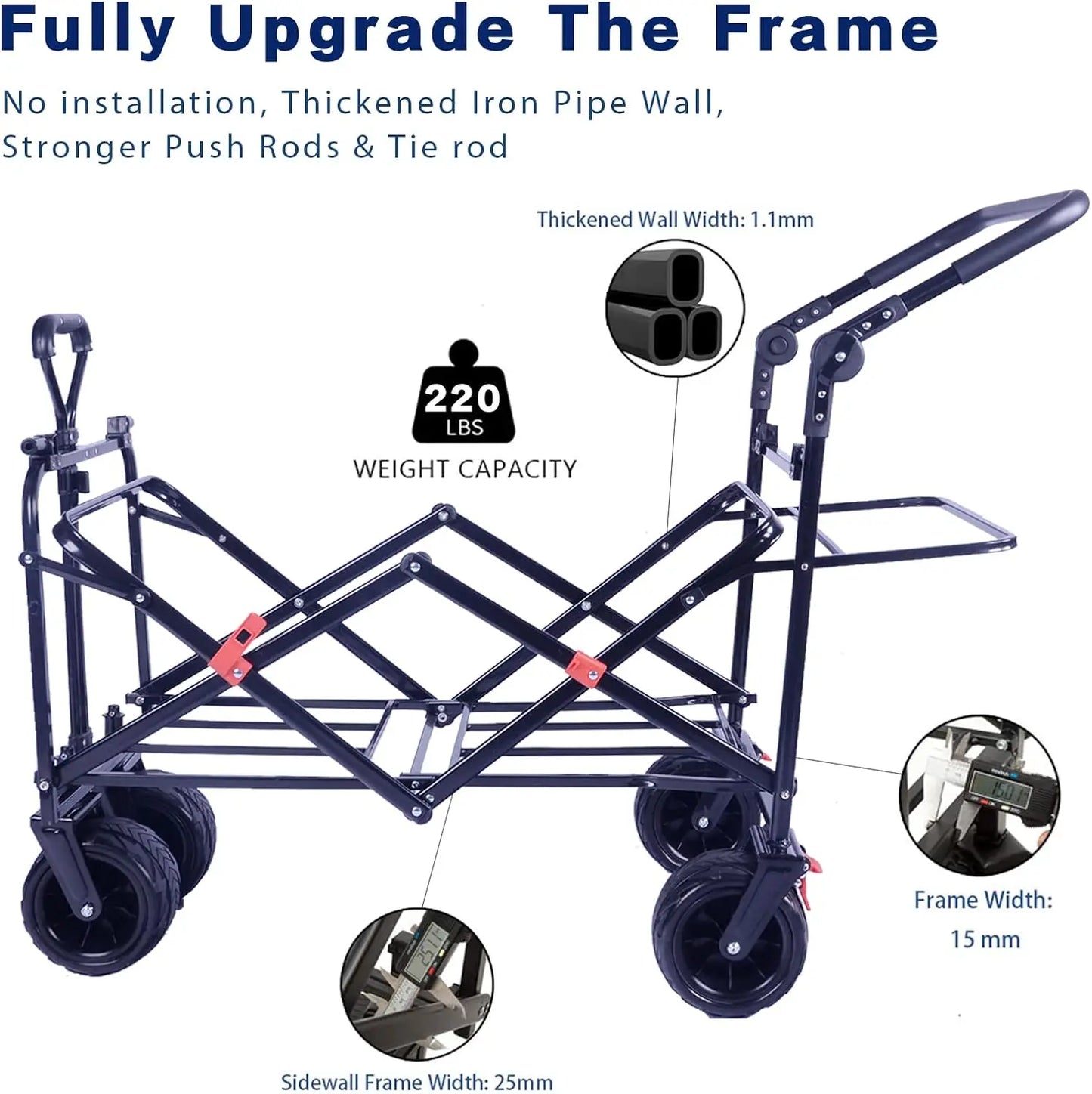 Collapsible Wagon Heavy Duty Folding Wagon Cart with Removable Canopy, 4" Wide Large All Terrain Wheels, Brake, Adjustable