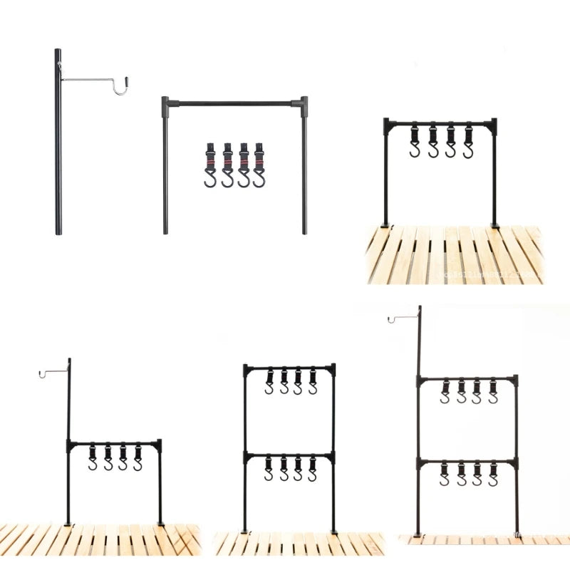 Camping Hanging Rack Camping Lamp Stand Holder Folding Camping Cookware Shelf with Hooks for Camping Fishing Picnics BBQ