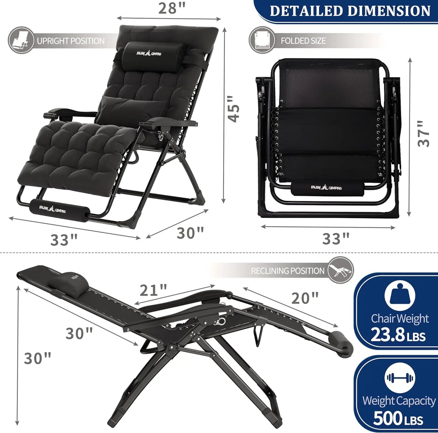 UDPATIO Oversized Zero Gravity Chair 33In XXL Patio Reclining Chair with Cushion, Outdoor Folding Recliner with Pillows|Cup