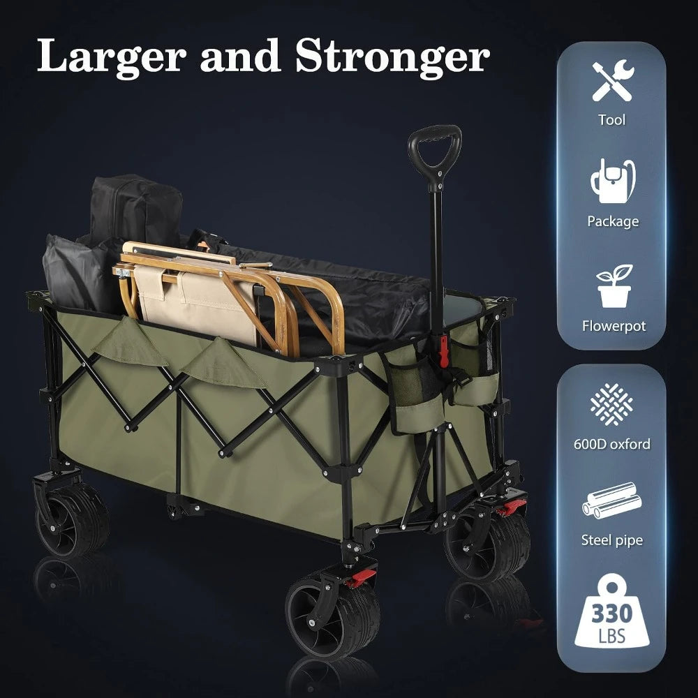 Camping Wagon Heavy Duty Folding Utility Garden Cart With Big All-Terrain Beach Wheels and Drink Holders. Trolley Hand Carts
