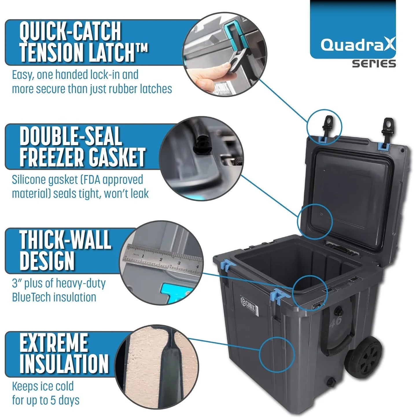 QuadraX 46 Quart Wheeled Rotomolded Portable Hard Cooler for Camping, Fishing, Beach | Heavy Duty Insulated Ice Chest
