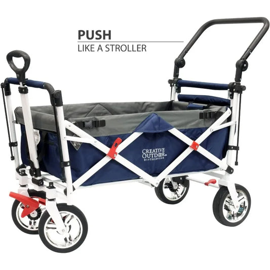 Creative Outdoor Wagon, Push and Pull for Toddlers & Kids with Removable Canopy, Collapsible Folding Garden Cart (Navy Blue)