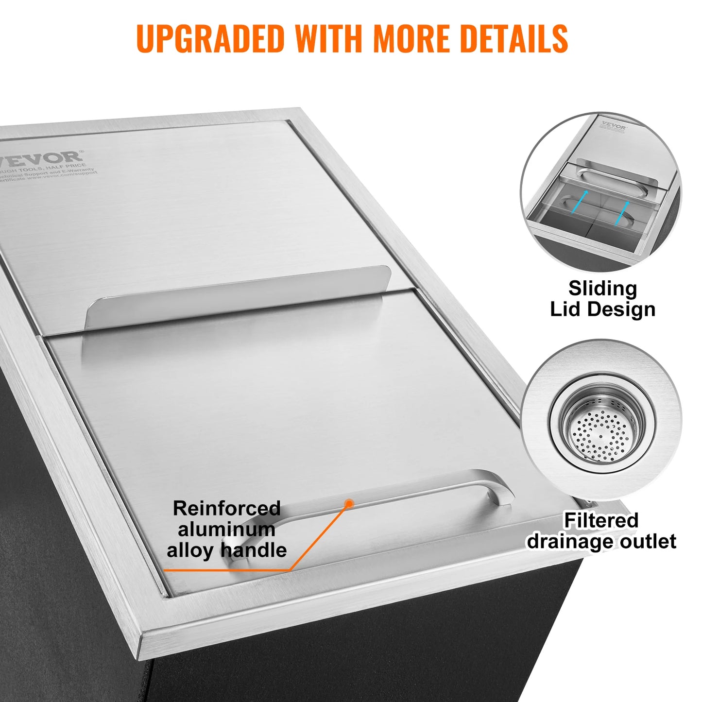 VEVOR Drop in Ice Chest,18"L x 12"W x 14.5"H Stainless Steel Ice Cooler, Commercial Ice Bin with Sliding Cover, 40.9 qt Ice Bar