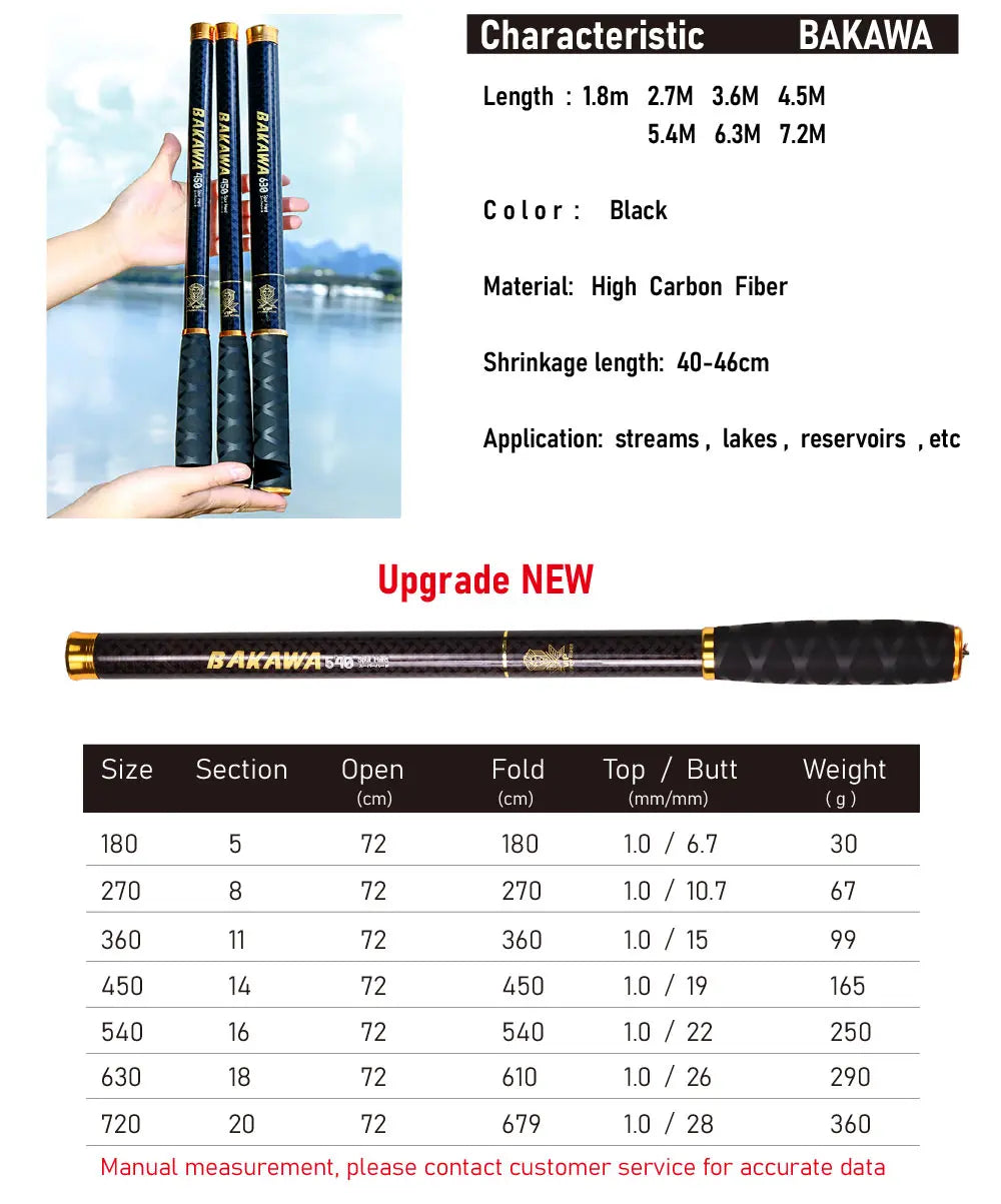 JOSBY Carbon Fiber Telescopic Fishing Rod Stream Hand Pole Carp Feeder Tenkara 1.8/2.7/3.6/5.4/6.3M Portable Pesca