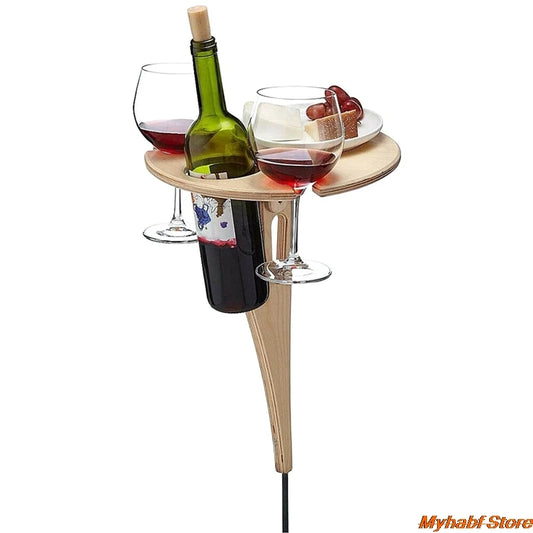 Creative Foldable Wine Table with Round Desktop Wooden Wine Glass Goblet Holder for Outdoor Picnic Camping Portable Wine Rack