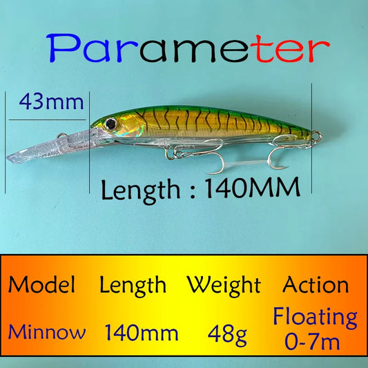 Testar Fishing Lure 140mm 48g Trolling Minnow Saltwater Boat Fish Slow Sinking Artificial Wobblers Hard Bait for GT Tuna Pesca
