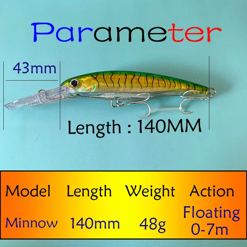 Testar Fishing Lure 140mm 48g Trolling Minnow Saltwater Boat Fish Slow Sinking Artificial Wobblers Hard Bait for GT Tuna Pesca