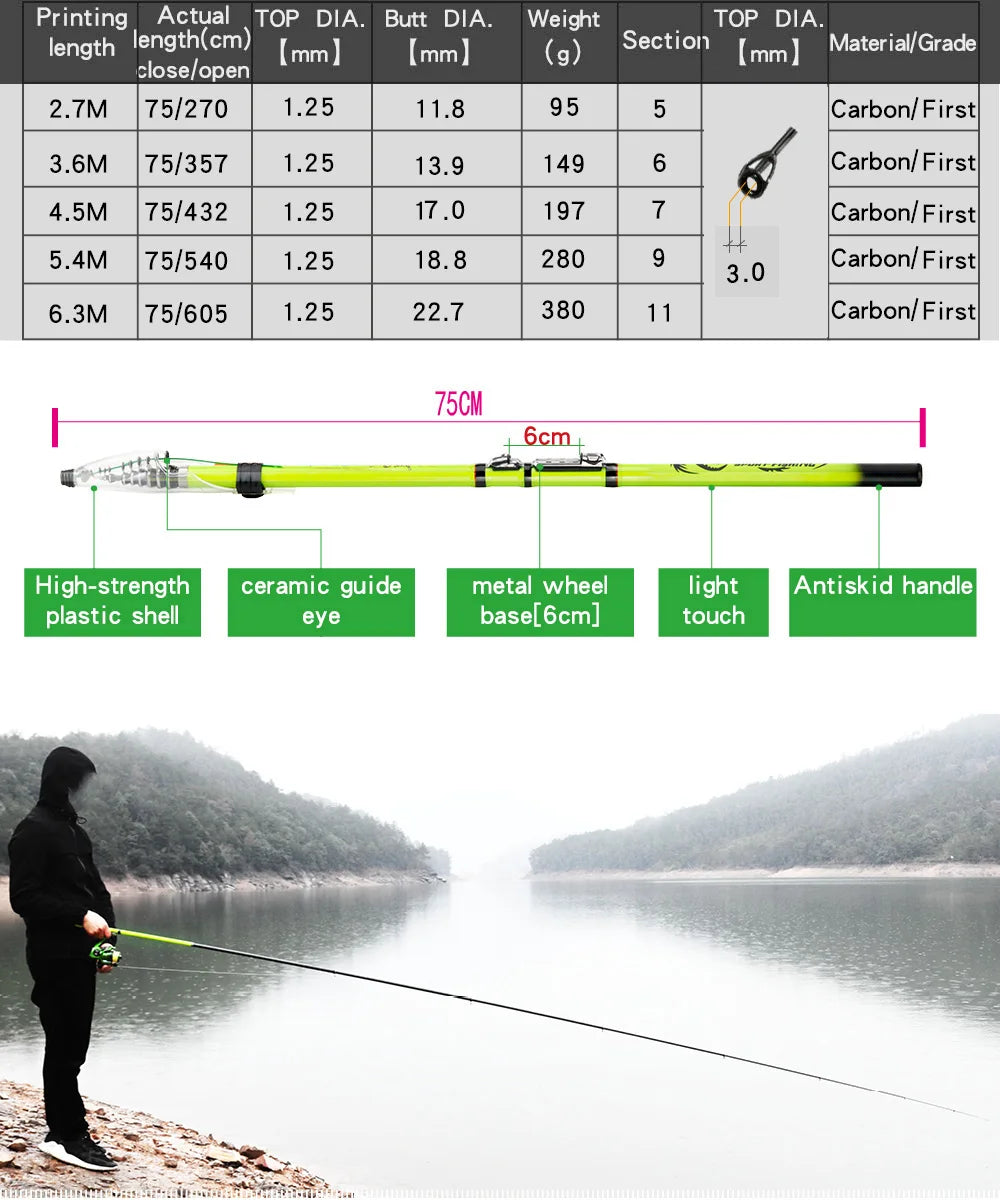 JOSBY Carbon Fiber Rock Fishing Rod Spinning Telescopic Feeder Pole Carp Portable Travel Ultralight 3.6M 4.5M 5.4M 6.3M Sea