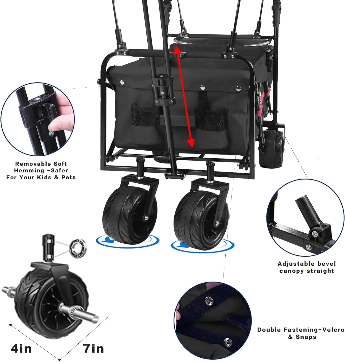 Collapsible Wagon Heavy Duty Folding Wagon Cart with Removable Canopy, 4" Wide Large All Terrain Wheels, Brake, Adjustable