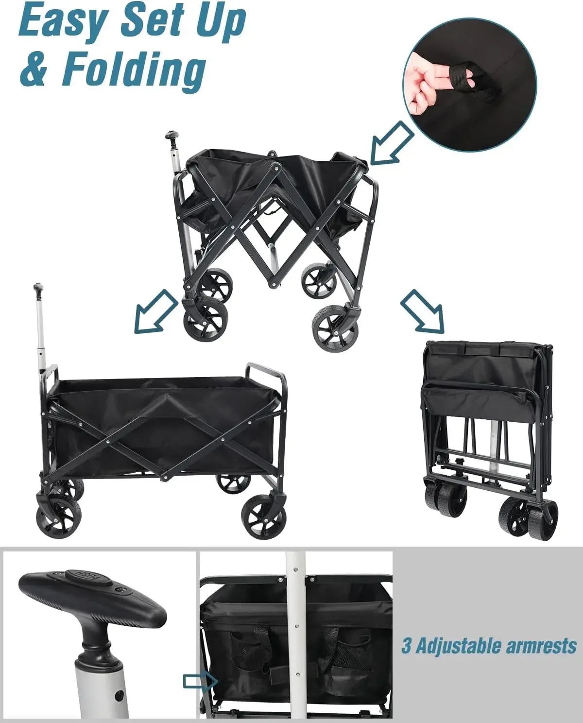 Collapsible Wagon with Large Capacity, Utility Wagons Carts Heavy Duty Foldable, Portable Folding Wagon with Two Drink Holders