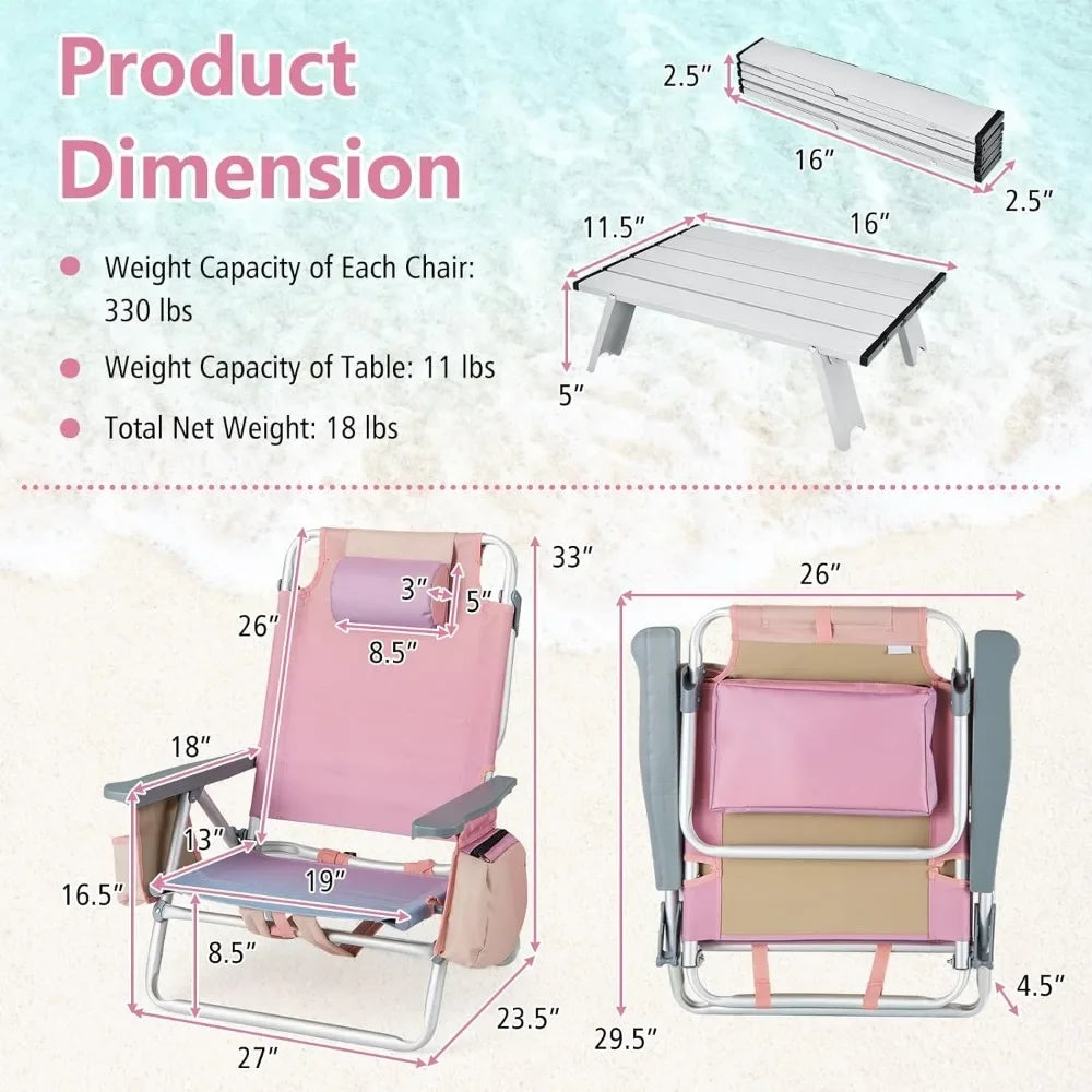 Beach Chair 2-Pack,Sunbathing Chairs with 5 Adjustable Position,Folding Fishing Backpack Chairs