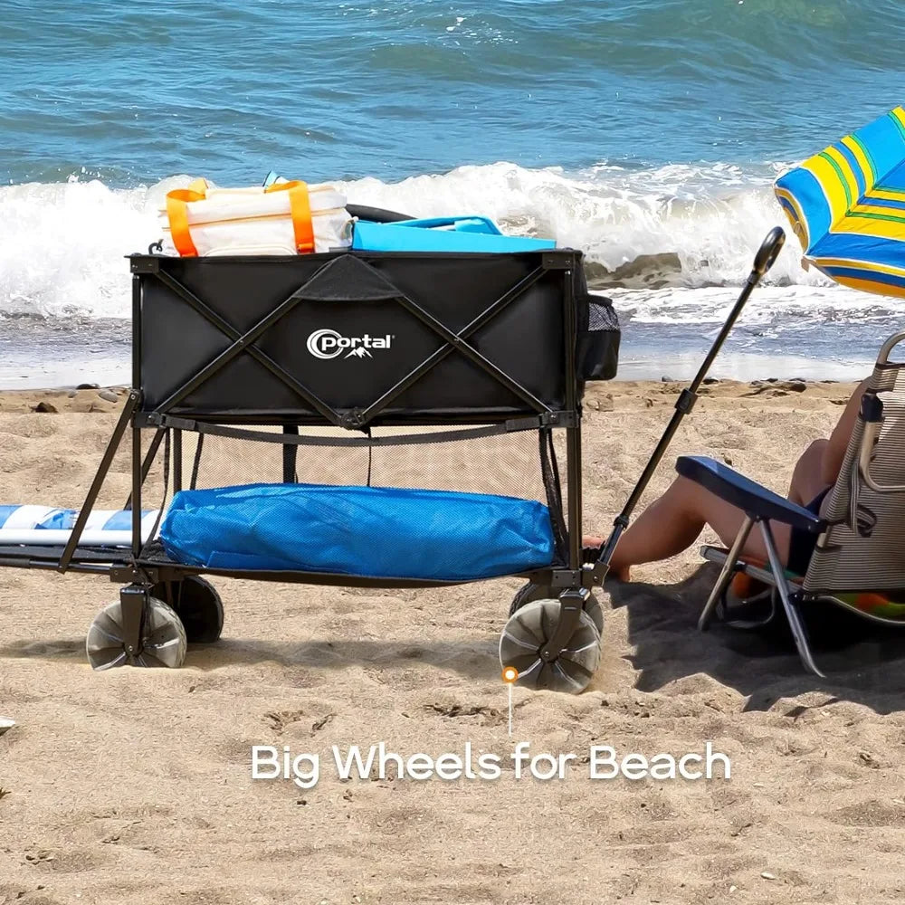 PORTAL Collapsible Double Decker Wagon, Folding Wagon Cart with Tailgate, Beach Wagon with Big Wheels, 450LB Heavy Duty Foldable