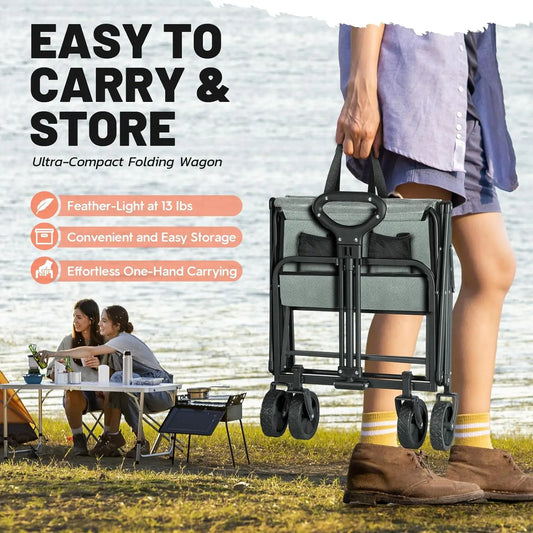 LUXCOL Collapsible Folding Outdoor Utility Wagon Beach Wagon Cart with All Terrain Wheels & Drink Holders Portable Sports Wagon