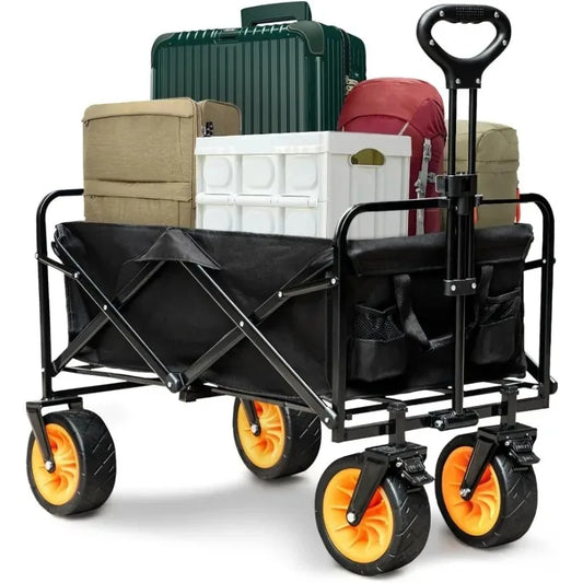 Foldable Beach Wagon with Big Wheels, Utility Grocery Wagon with Side Pockets and Brakes， Folding Wagon