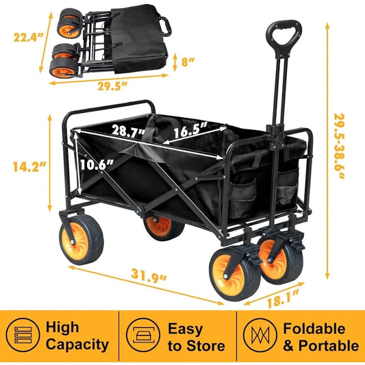 Foldable Beach Wagon with Big Wheels, Utility Grocery Wagon with Side Pockets and Brakes, Folding Wagon