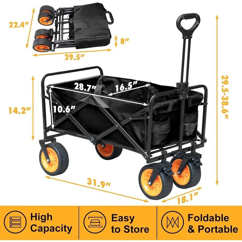 Foldable Beach Wagon with Big Wheels, Utility Grocery Wagon with Side Pockets and Brakes， Folding Wagon