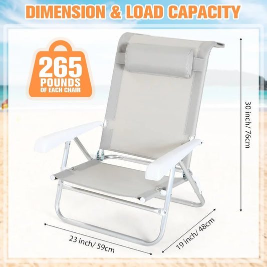 4 Pcs Beach Chairs Camping Sunbathing Chairs Outdoor Reclining Chairs Folding Beach Chair Adjustable Position with Head Pillow