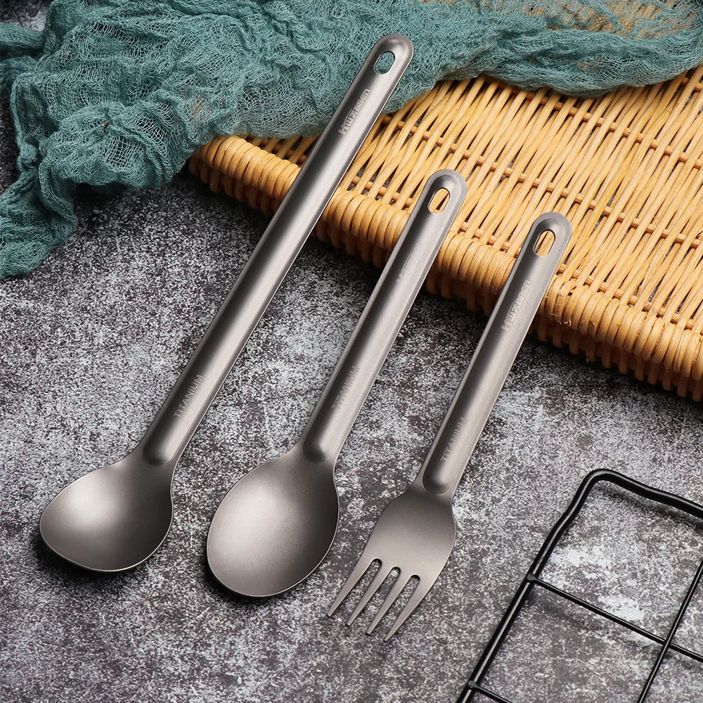 Portable Titanium Cookware Ultralight Titanium Long Handle Spoon Cutlery Fork Spoon Outdoor Picnic Accessories EDC Camping Tool