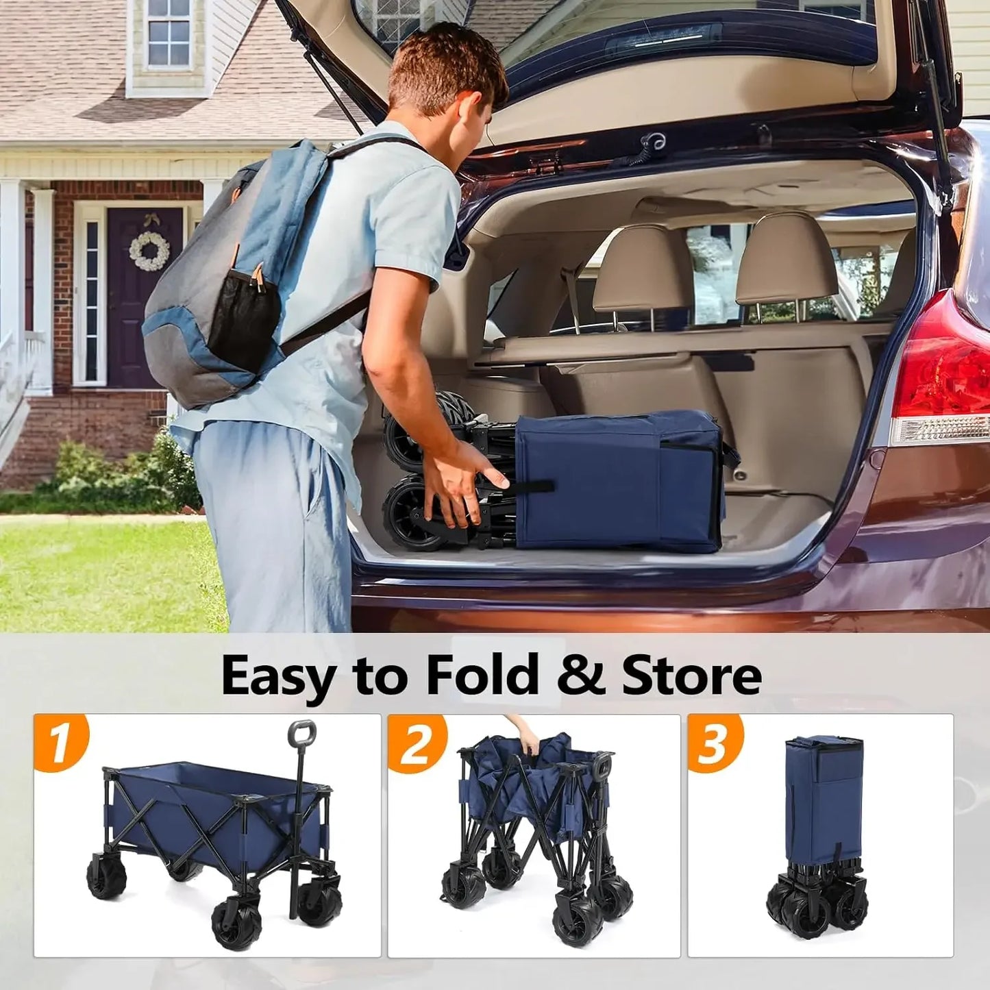 Collapsible Wagons Carts, Heavy Duty Foldable Utility Garden Grocery Shopping Cart w/ All-Terrain Beach Wheels & Drink Holders